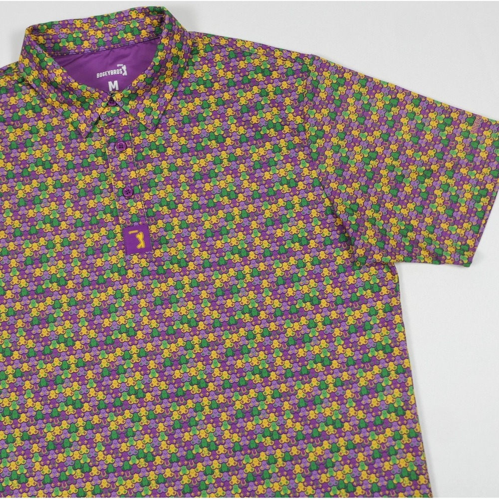 Bogey Bros Mens M Mardi Gras Fleur De Lis Golf Performance Polo Boobs & Beads